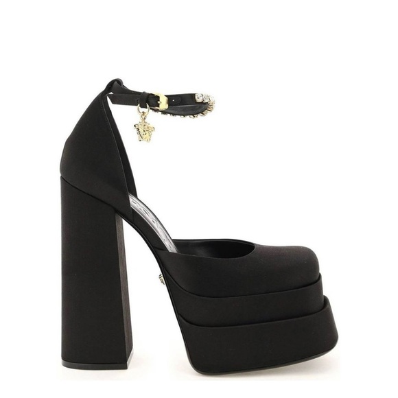 NEW!!! Versace Medusa Head Charm Satin Platform Pumps